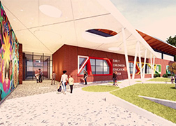 Rendering of early childcare center with large white awning and people walking in the front door.